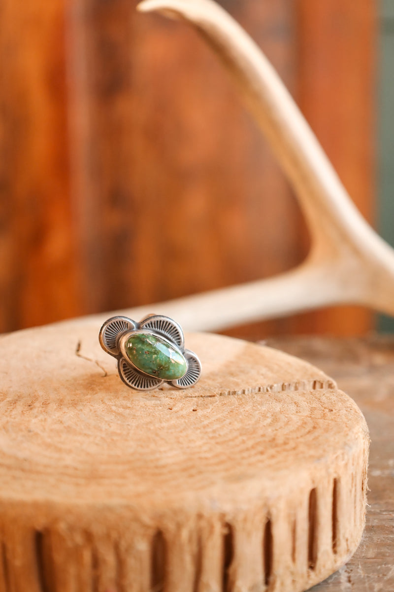 OVAL GREEN TURQUOISE FRAMED RING- SIZE 8