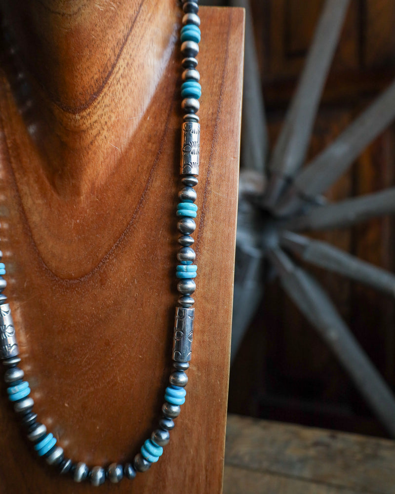 28" Sterling Silver Mix And Kingman Turquoise Beads Necklace