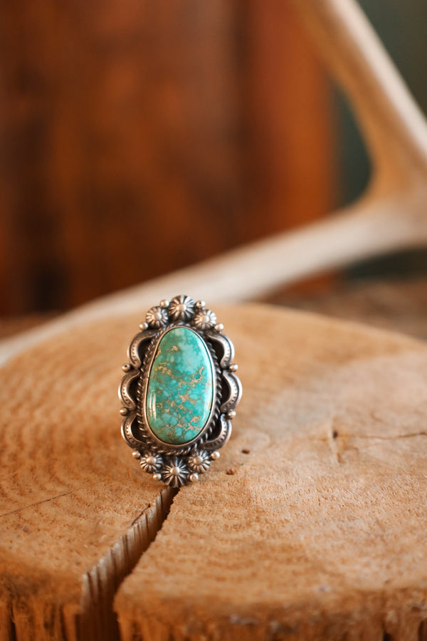 Turquoise Frame Stamped Band Ring- Adjustable