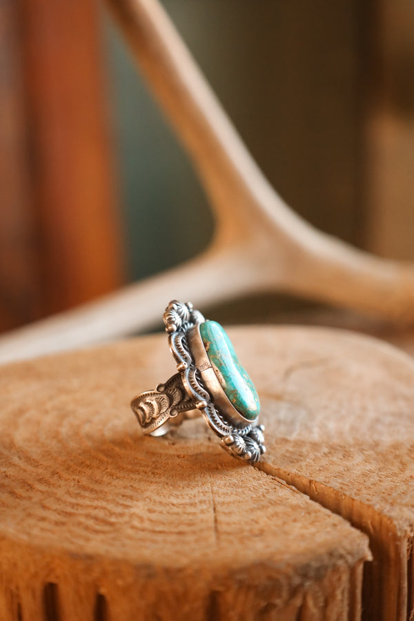 Turquoise Frame Stamped Band Ring- Adjustable