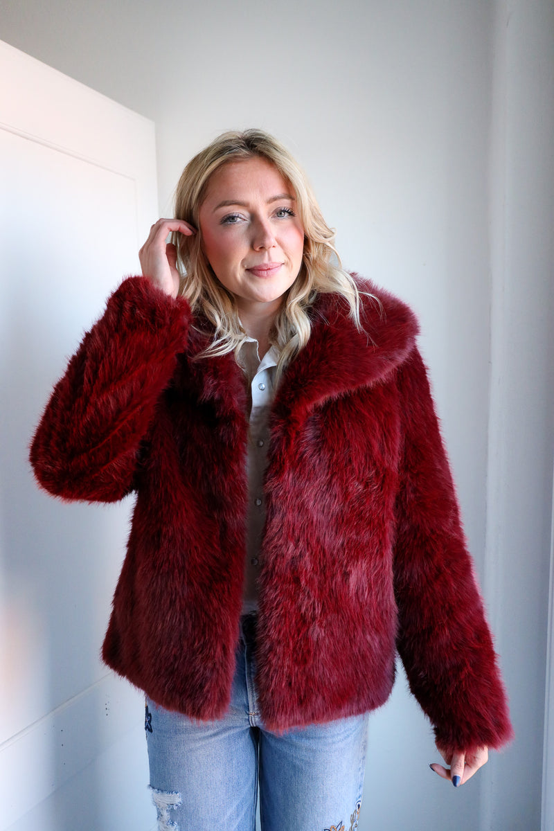 Frisson Burgundy Faux Fur Coat 