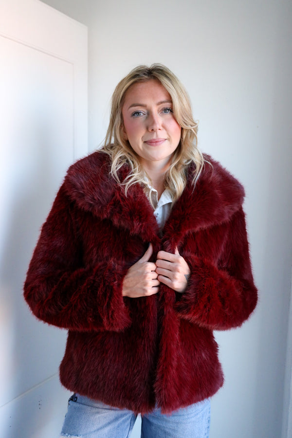 Frisson Burgundy Faux Fur Coat 