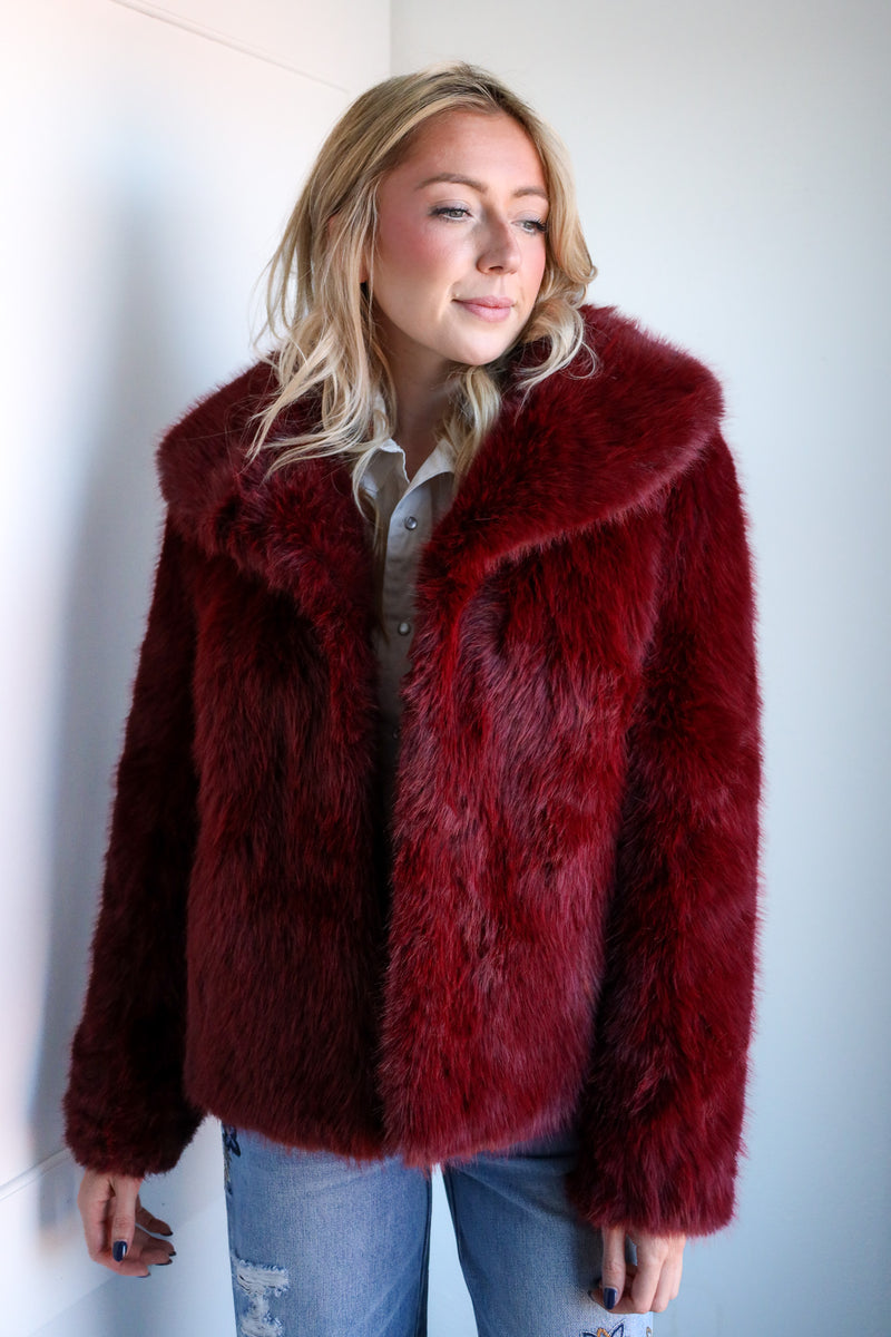 Frisson Burgundy Faux Fur Coat 