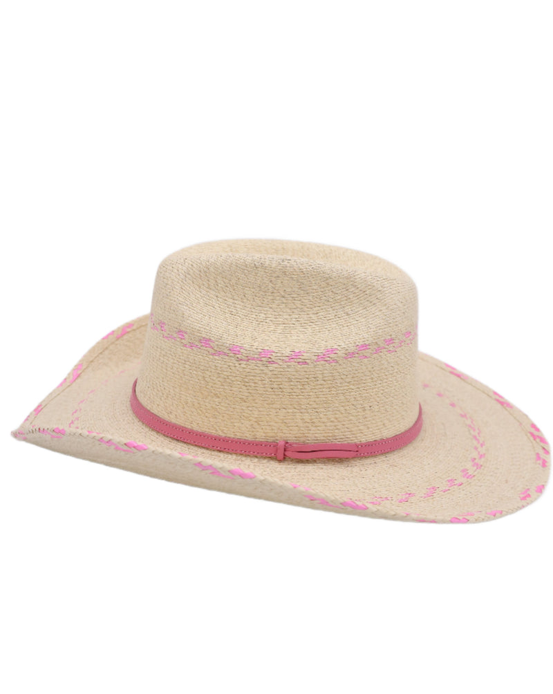 Kids palm cowboy hat with pink woven into it and a pink hat band