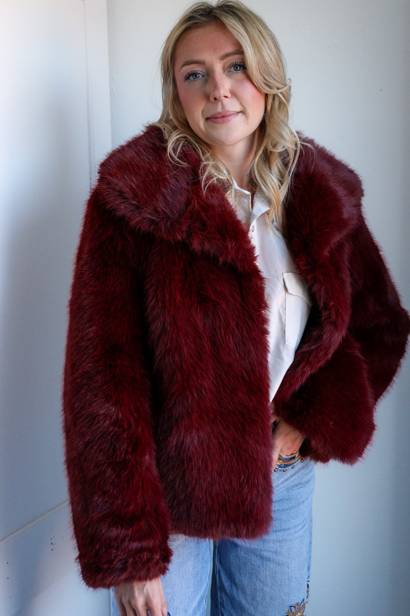 Frisson Burgundy Faux Fur Coat 