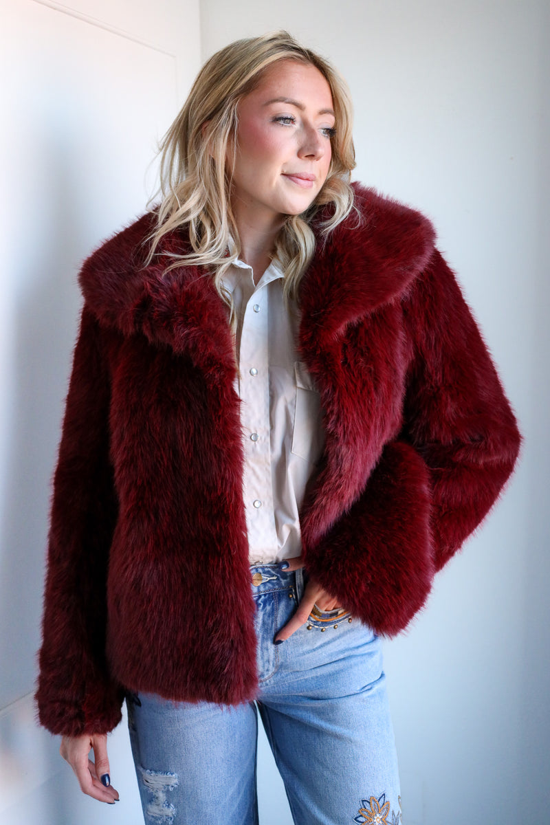 Frisson Burgundy Faux Fur Coat 