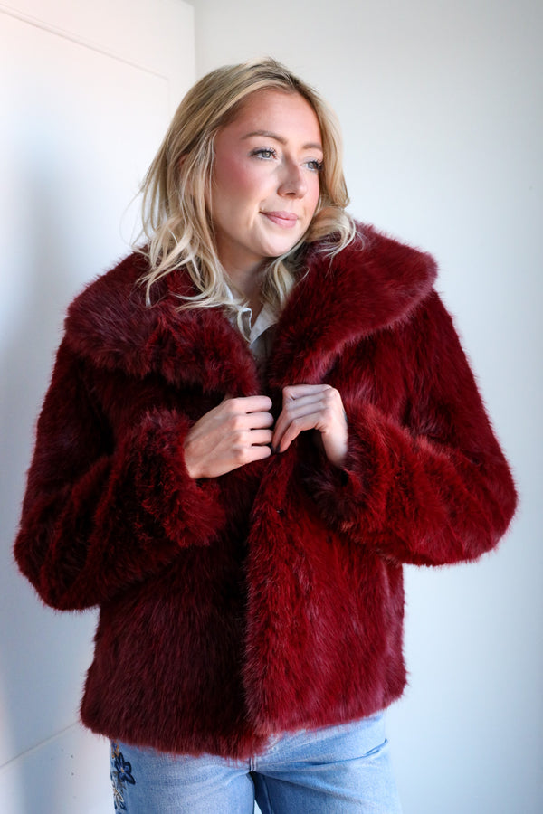 Frisson Burgundy Faux Fur Coat 