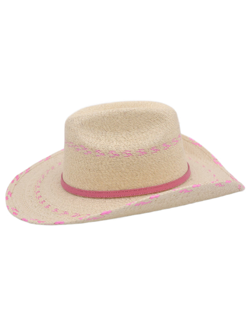 Kids palm cowboy hat with pink woven into it and a pink hat band