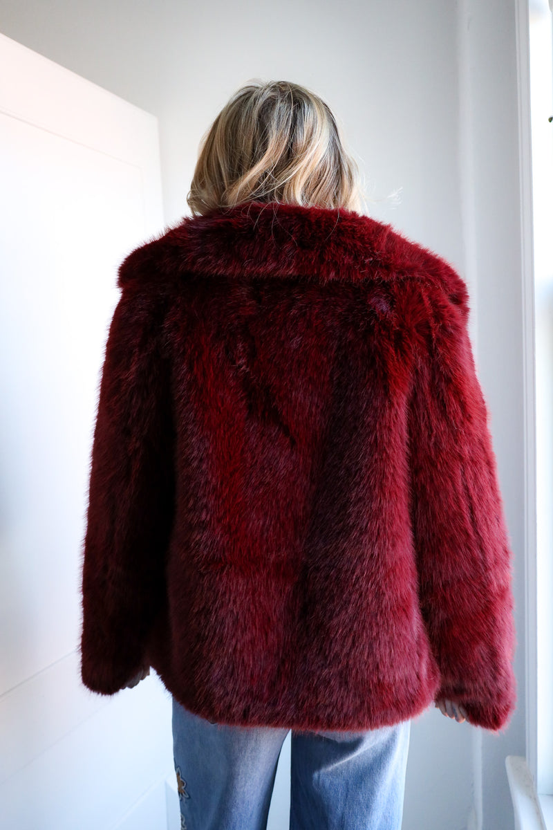 Frisson Burgundy Faux Fur Coat 