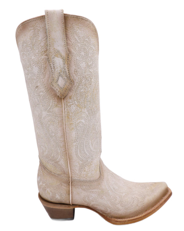 Women's crackled luminescent embroidered boot with snip toe