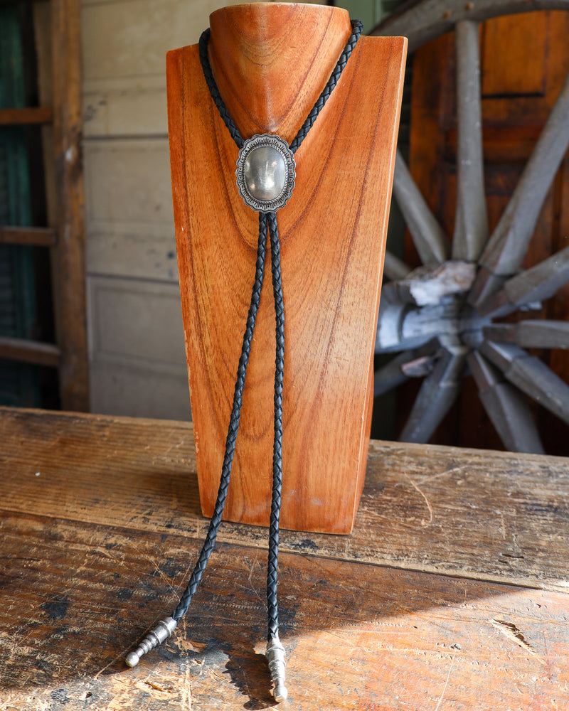 Love Tokens Sterling Silver Oval Concho Black Leather Bolo