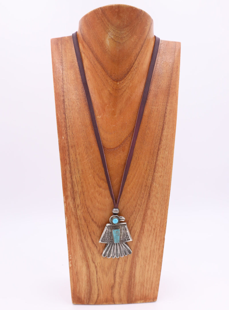 PEYOTE BIRD INGOT THUNDERBIRD AND TURQUOISE STONES BROWN LEATHER NECKALCE