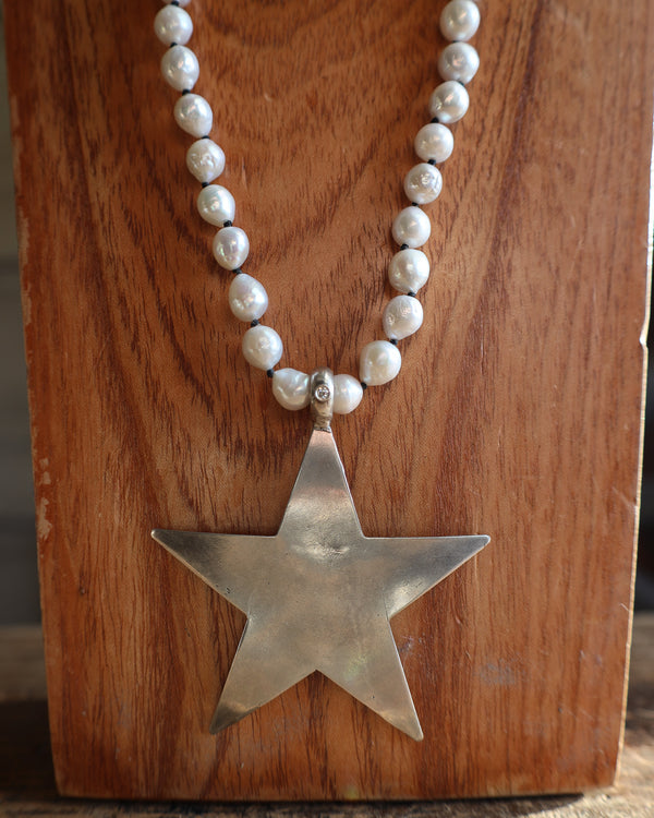 Love Tokens 28" Freshwater Pearls Sterling Silver Star Diamond Necklace