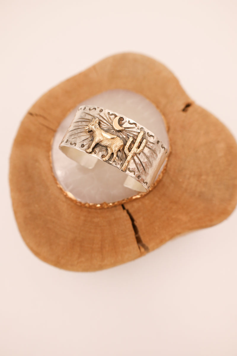 Sterling silver hammered cuff with gold donkey, moon and cactus