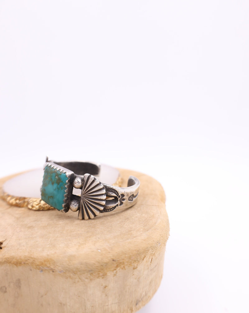 Peyote Bird Dark Turquoise Sterling Silver Fan Jock F Cuff 