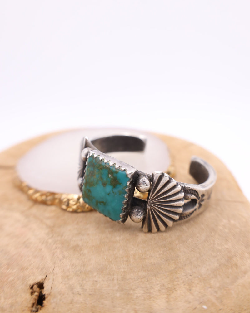 Peyote Bird Dark Turquoise Sterling Silver Fan Jock F Cuff 