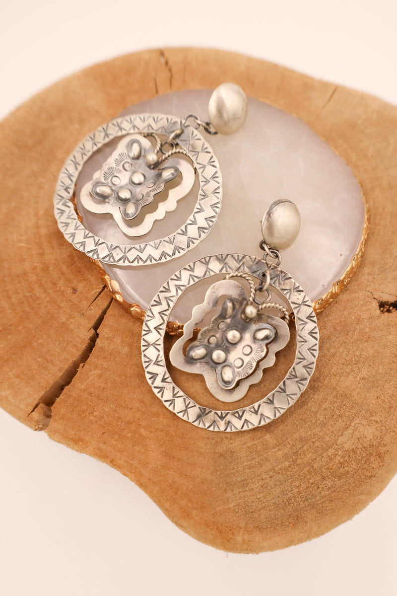 Stamped Round Butterfly Dangle Earring