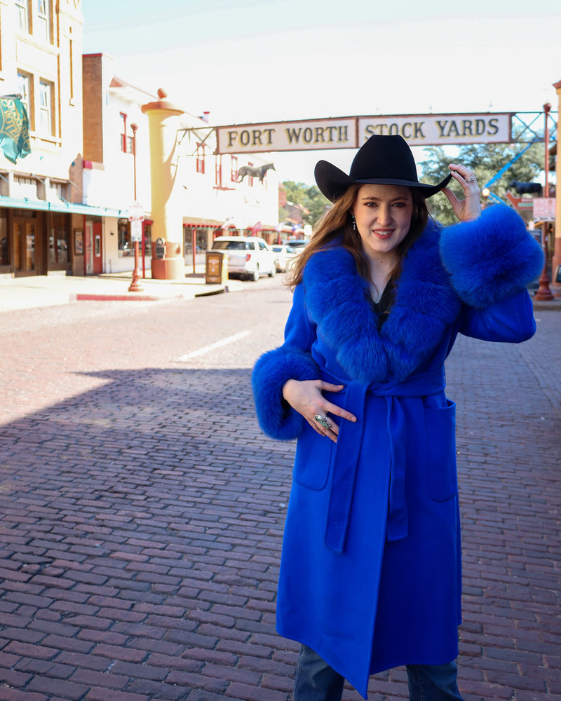 DIANA ROSH ROYAL BLUE LONG WOOL FUR COLLAR AND CUFF COAT 