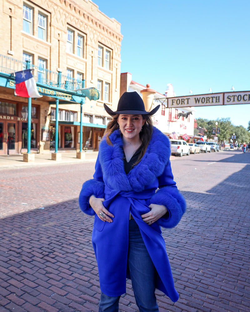 DIANA ROSH ROYAL BLUE LONG WOOL FUR COLLAR AND CUFF COAT 