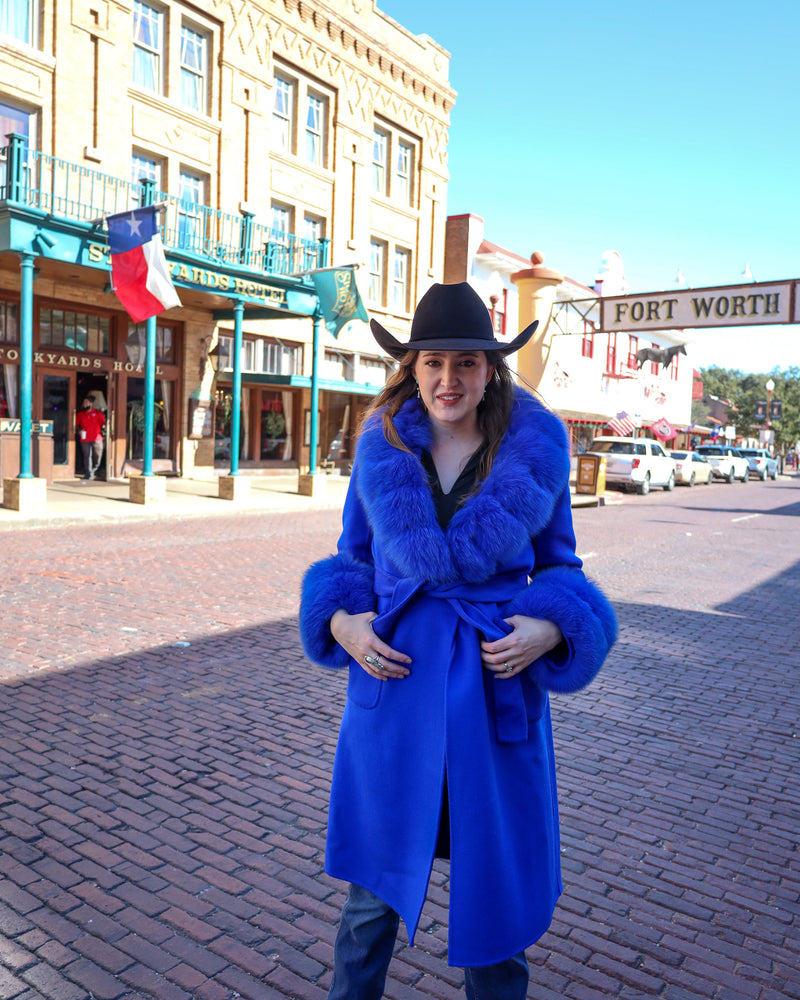 DIANA ROSH ROYAL BLUE LONG WOOL FUR COLLAR AND CUFF COAT 