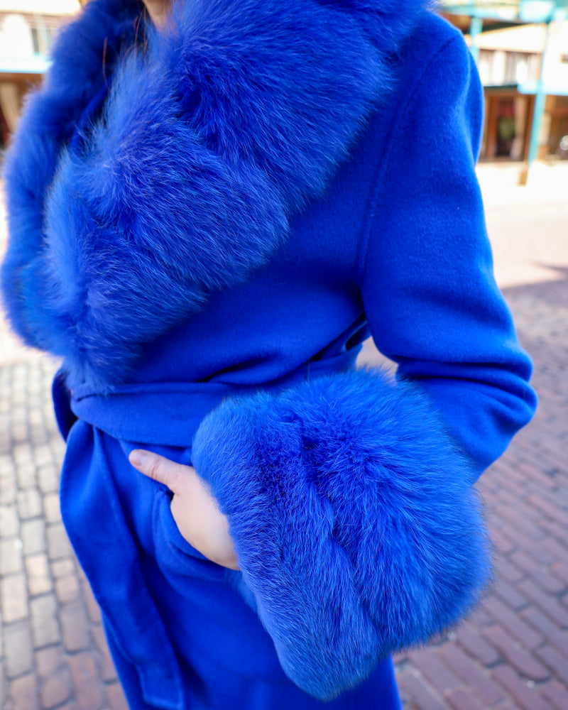 DIANA ROSH ROYAL BLUE LONG WOOL FUR COLLAR AND CUFF COAT 