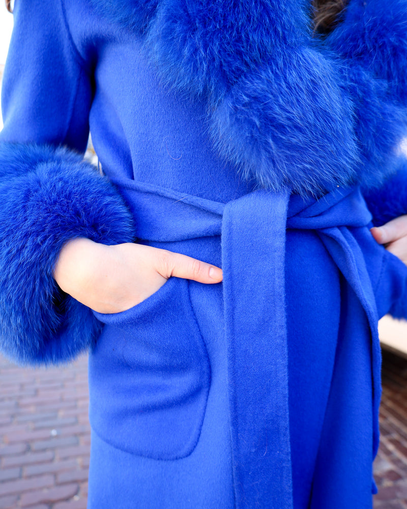 DIANA ROSH ROYAL BLUE LONG WOOL FUR COLLAR AND CUFF COAT 