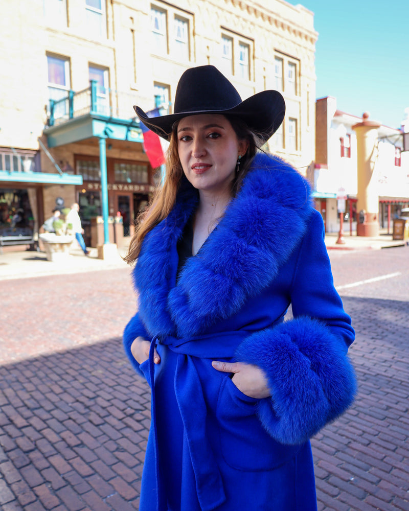 DIANA ROSH ROYAL BLUE LONG WOOL FUR COLLAR AND CUFF COAT 