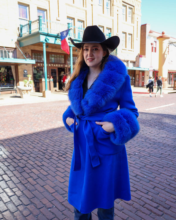 DIANA ROSH ROYAL BLUE LONG WOOL FUR COLLAR AND CUFF COAT 