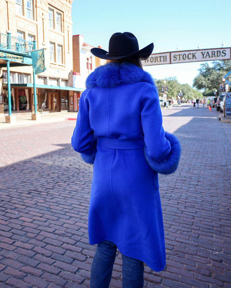 DIANA ROSH ROYAL BLUE LONG WOOL FUR COLLAR AND CUFF COAT 