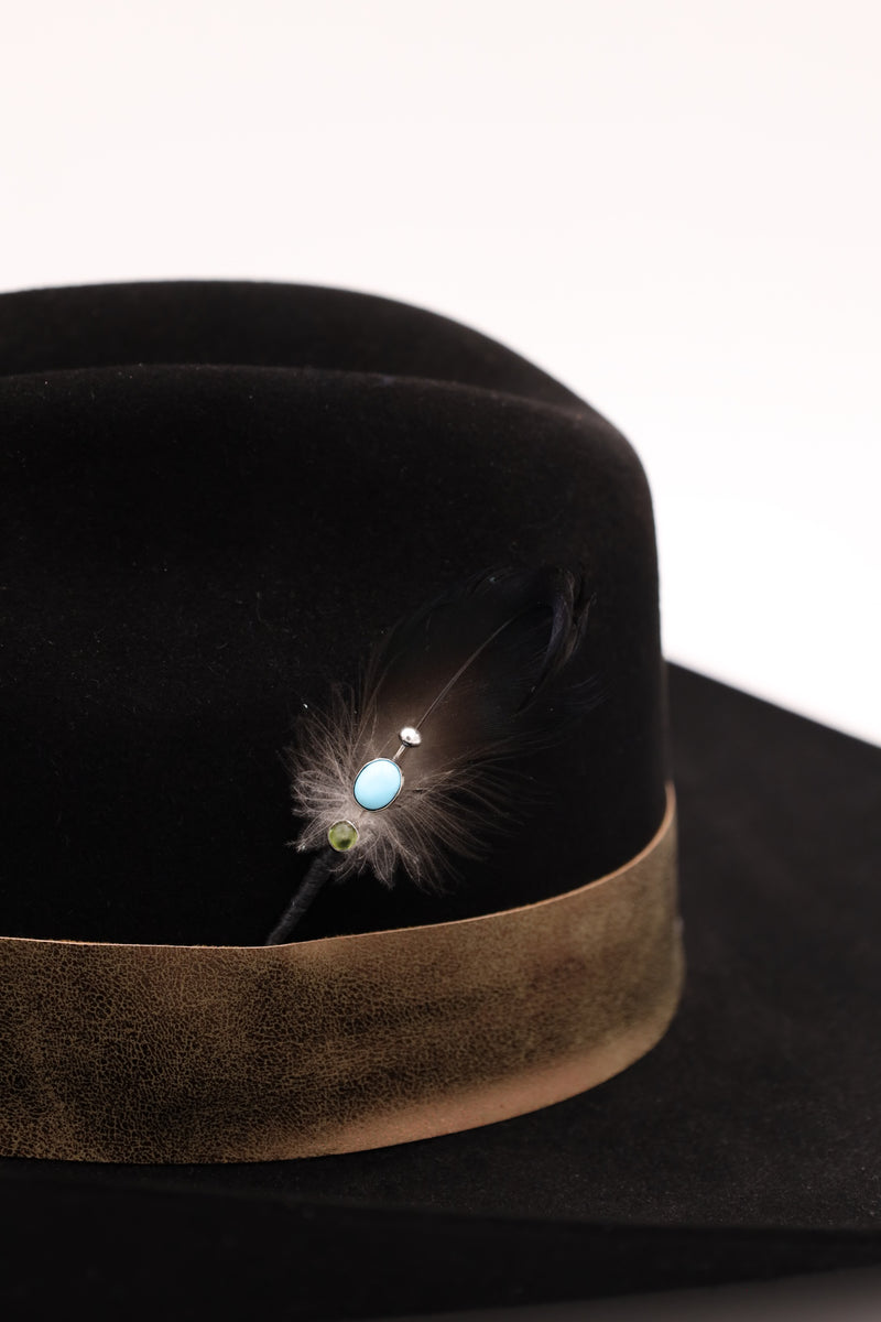 HALLETT PEAK BLACK CURL FEATHER TURQUOISE GEM HAT PIN 