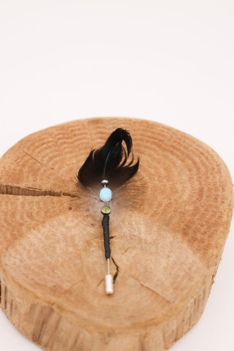 HALLETT PEAK BLACK CURL FEATHER TURQUOISE GEM HAT PIN 