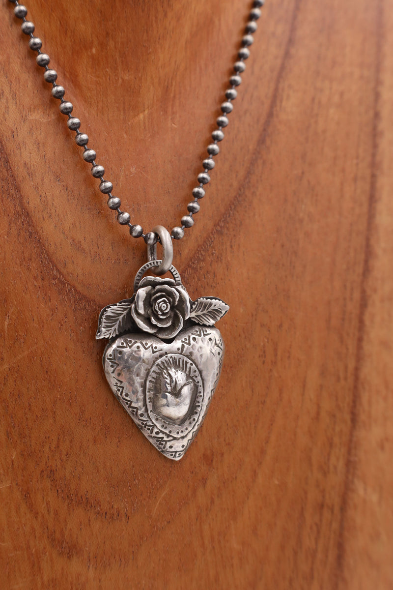 Puffy Heart On Rose Charm Necklace 