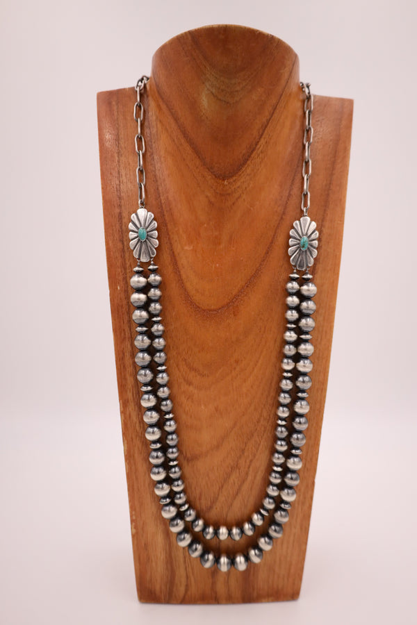 PEYOTE BIRD 2-STRAND NAVAJO PEARLS 2 CONCHOS WITH TURQUOISE NECKLACE 