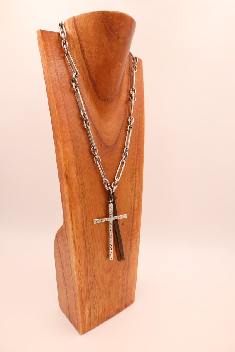 Sterling silver handmade melissa chain with handmade celestial cross. Includes 3 natural diamonds and real leather attachment.