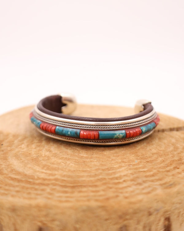 PEYOTE BIRD TURQUOISE AND RED CORAL BEADS LEATHER CUFF 