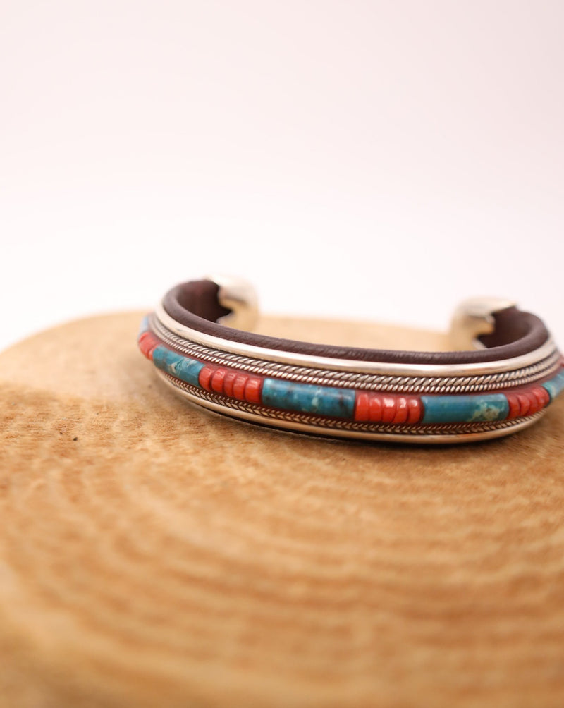 PEYOTE BIRD TURQUOISE AND RED CORAL BEADS LEATHER CUFF 