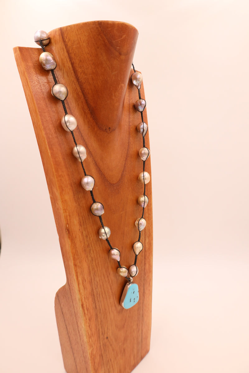 Knotted blush baroque pearls with 65CT Sleeping Beauty Turquoise