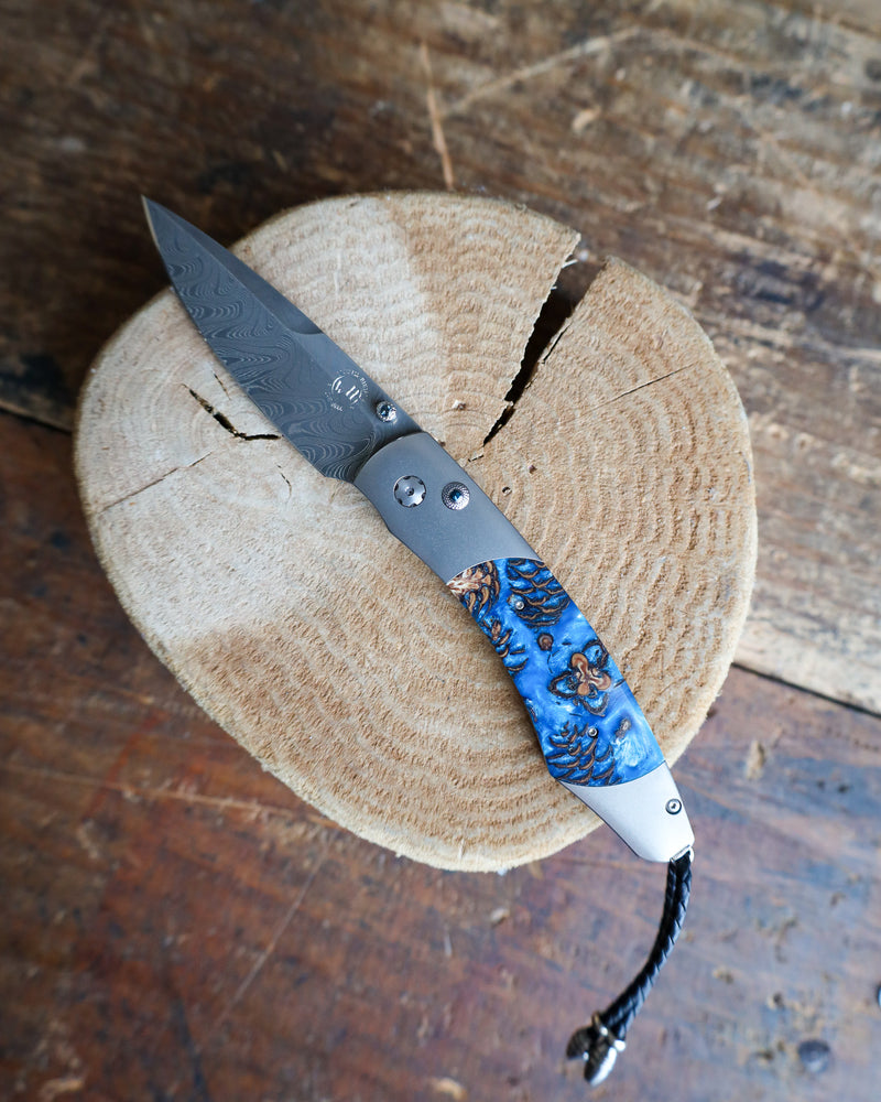 WILLIAM HENRY Blue Pine Titanium pocketknife with damascus blade & mini pine cones