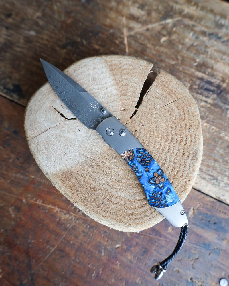 WILLIAM HENRY Blue Pine Titanium pocketknife with damascus blade & mini pine cones