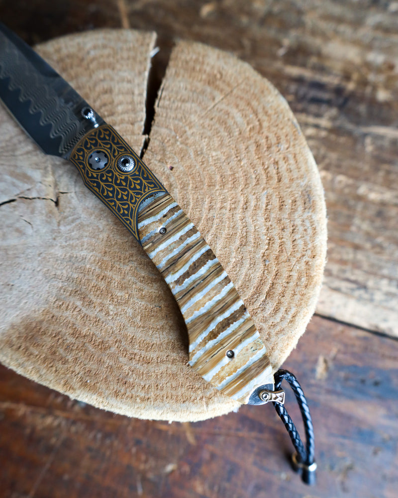 WILLIAM HENRY Sierra Pocketknife with 24K gold koftgari, fossil Mammoth Tooth, and 'wave' damascus blade