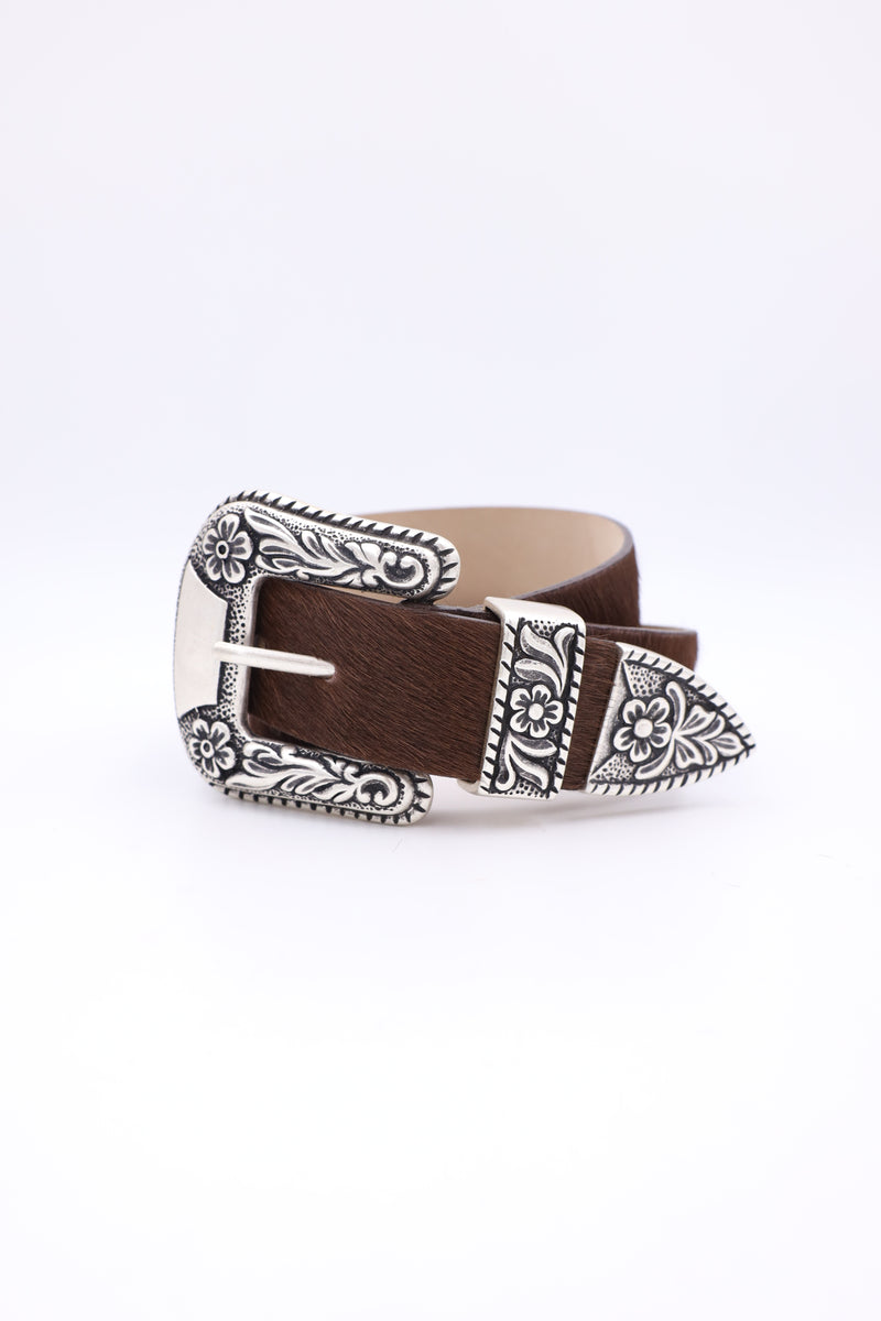 Hair on hide belt in chocolate with silver buckle and accents