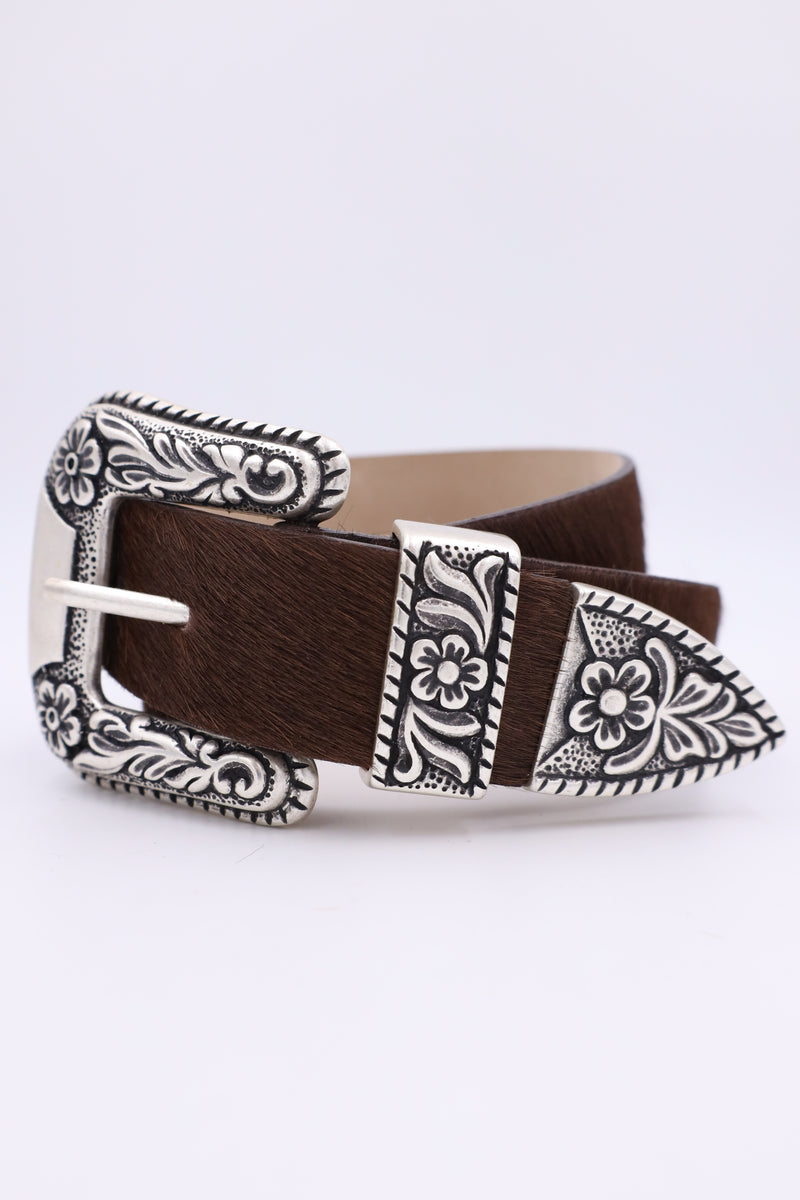 Hair on hide belt in chocolate with silver buckle and accents