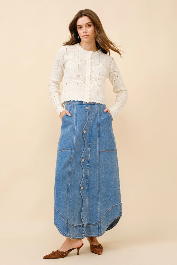 BLUE B Wavy Placket Denim Maxi Skirt