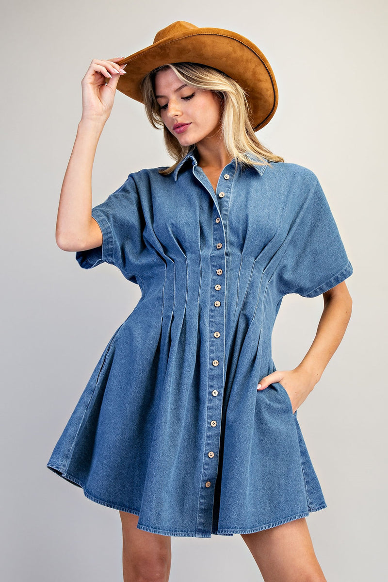 pleated denim dress EESOME Mini Button Down L / Size:24 Mon Summer New Preppy Style genuine leather navy blue grounding shoes this dress offers comfort
