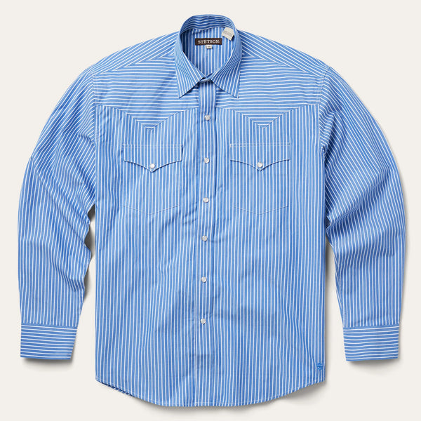 Blue striped shirt with two front pockets on a light gray background