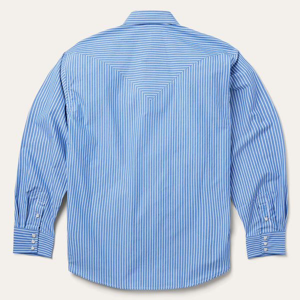 Blue and white striped shirt on a light gray background
