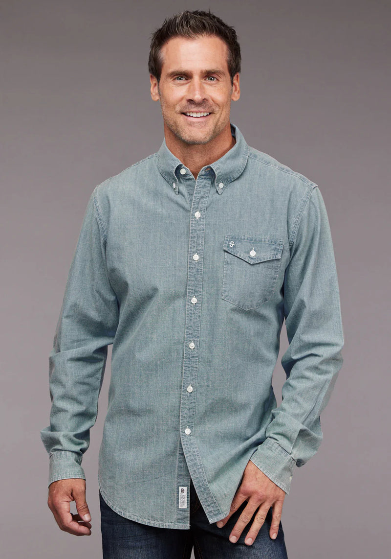 Stetson Chambray Button Front Light Blue Long Sleeve Shirt