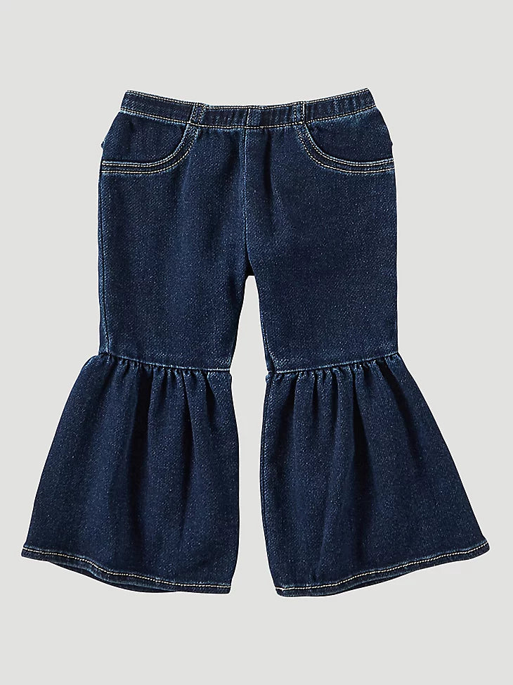 Little girl blue jean bell bottom pants in a dark wash