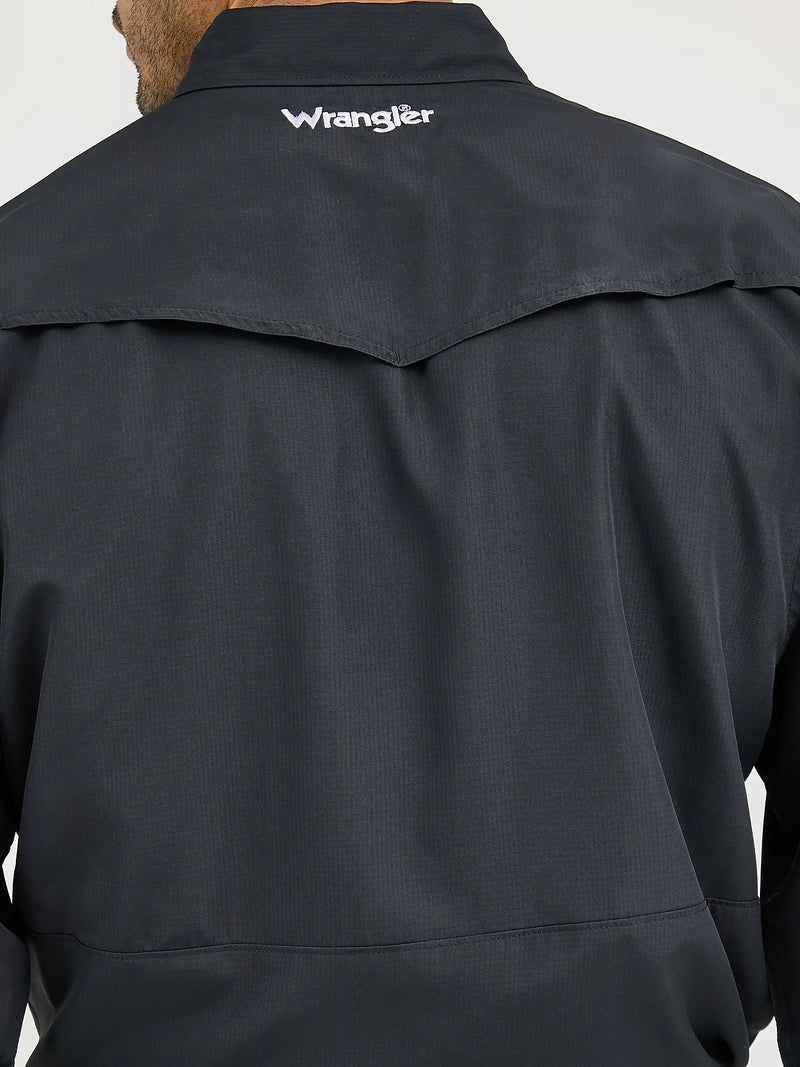 Black jacket with 'Wrangler' logo on the back against a white background
