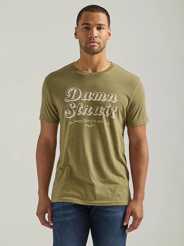 Man wearing olive green t-shirt with script "Damn Strait Wrangler" on front
